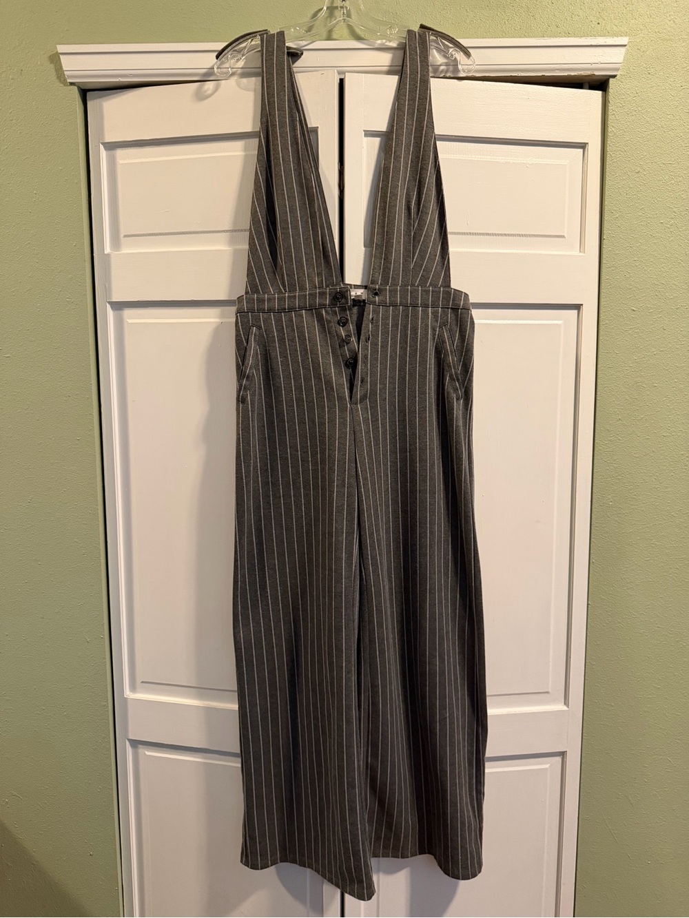 Gray Pinstripe Button Up Wide-Leg Jumpsuit with Deep V Straps